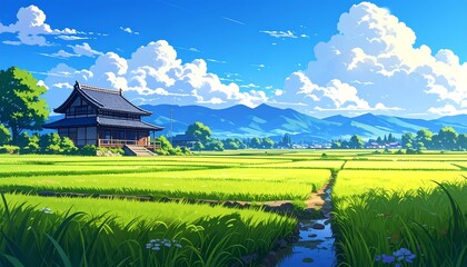 Anime lofi style japanese ricefield with nature landscape