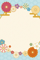 カラフルな花と和柄の背景フレームイラスト　縦