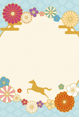 カラフルな花と馬の年賀状テンプレート2026　縦