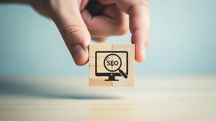 A hand holding a small wooden cube with a magnifying glass on a computer monitor displaying a logo symbolizing search and investigation