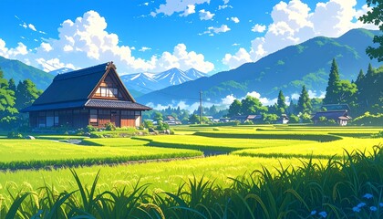 Anime lofi style japanese ricefield with nature landscape