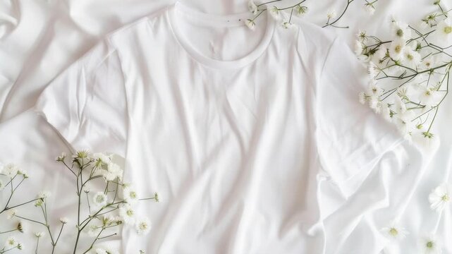 Video A white t-shirt lies on a bed surrounded by flowers, perfect for a romantic or intimate setting