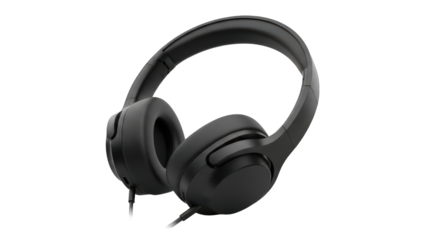 Black over-ear wired headphones isolated on a black background for product showcase isolated on transparent background