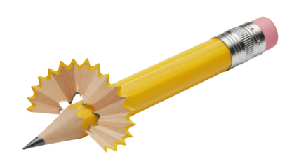 A classic yellow pencil being sharpened, isolated  on transparent background