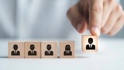A person choosing a wooden block with a silhouette of a man in a business suit from a row of similar blocks