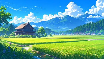 Anime lofi style japanese ricefield with nature landscape