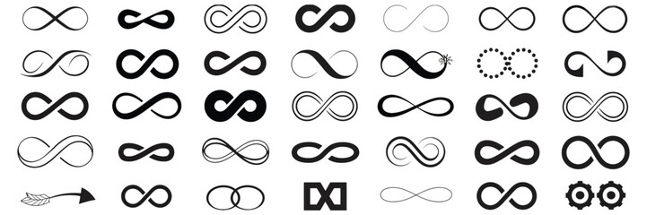 Infinity Symbols Collection with Black Infinity Vector Illustrations on White Background, Ideal for Logo Design, Branding, Mathematical Representation, and Creative Styles from Classic to Artistic Con