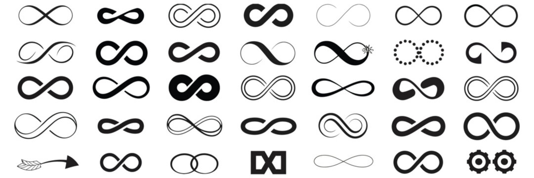 Infinity Symbols Collection with Black Infinity Vector Illustrations on White Background, Ideal for Logo Design, Branding, Mathematical Representation, and Creative Styles from Classic to Artistic Con