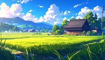 Anime lofi style japanese ricefield with nature landscape