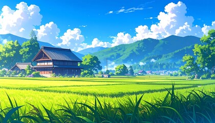 Anime lofi style japanese ricefield with nature landscape