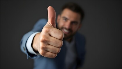 Close-up of a thumbs-up gesture from a man for approval, motivation, success, and positive communication concepts.