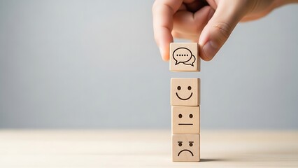 A hand stacking wooden blocks with different emoticon faces on them to show a range of emotions and moods in a creative way