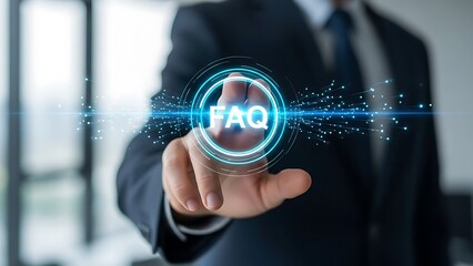 Businessman interacting with a futuristic faq interface in a modern office setting with a blurred background