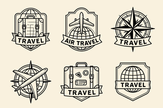 Travel badges emblem collection with bold line work and detailed global themes. Highlights airplanes, globes, compasses, luggage