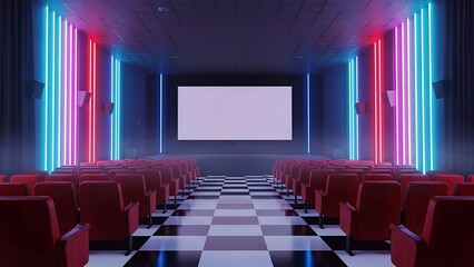 Retro futuristic cinema interior with neon lights and empty screen.
