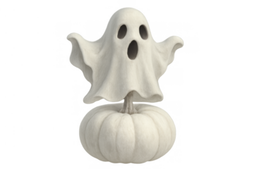 Cute white ghost rising from a pumpkin, celebrating halloween, spooky event concept with transparent background