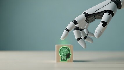 Robotic hand interacting with a green lit cube on a minimalist background with blue wall