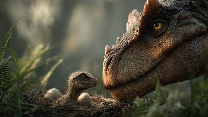 ultra-realistic close-up of a mother dinosaur (gentle herbivore) nuzzling her newly hatched baby dinosaurs in a cozy nest, soft golden morning light, lush prehistoric plants, cinematic detail