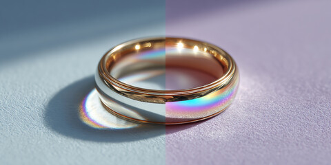 Close-up of a gold wedding ring casting a colorful rainbow reflection on a textured surface with split lighting effect