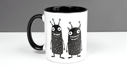 A whimsical black-and-white illustration featuring quirky cartoon monsters with playful, hand-drawn line art