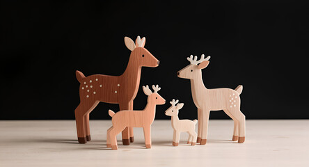 A soft, pastel-toned product photograph featuring a trio of minimalist wooden deer