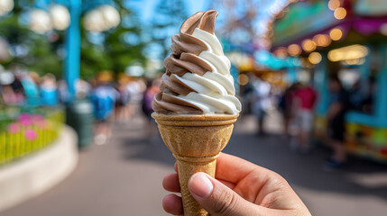 soft serve ice cream cone with chocolate vanilla swirl in amusement park background