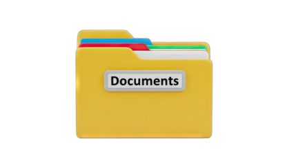Yellow Folder With Documents Label and Colorful Tabs On Transparent Background Realistic 3D Render
