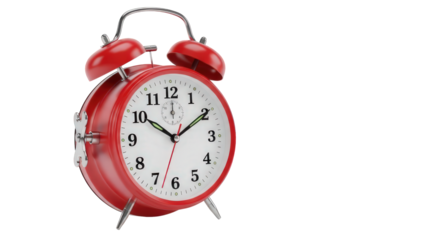 A detailed 3d rendering of a vintage style red twin-bell alarm clock isolated on transparent background