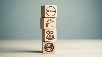 A stack of four wooden blocks with various symbolic designs on each face