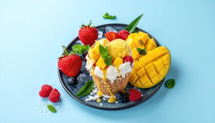 Delicious Mango Ice Cream Dessert with Fresh Berries and Mint.