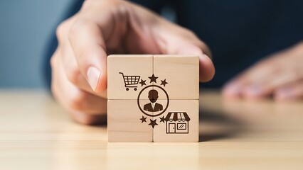 A person interacting with wooden blocks featuring various symbols on a table