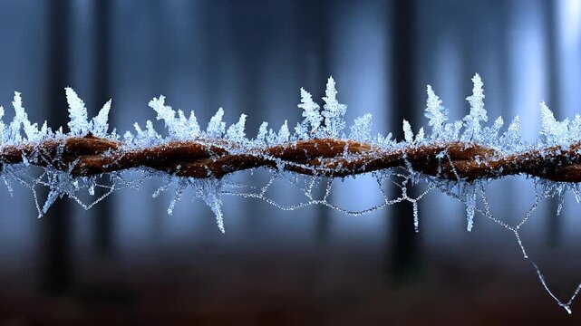 A macro shot captures a brown vine coated in intricate hoarfrost crystals, resembling tiny icy spires. Below, a spiderweb is frozen solid, creating a delicate network against a dark, cold, blue backg