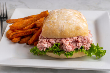 spam salad  sandwich with  sweet potato fries