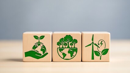 Eco friendly wooden blocks with green environmental symbols on a light background