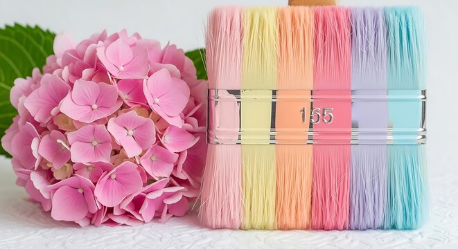A pastel rainbow paintbrush with pink hydrangea flowers on a white background - Powered by Adobe