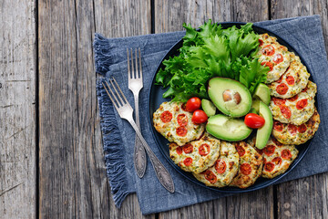 minced chicken cherry tomatoes patties on a plate