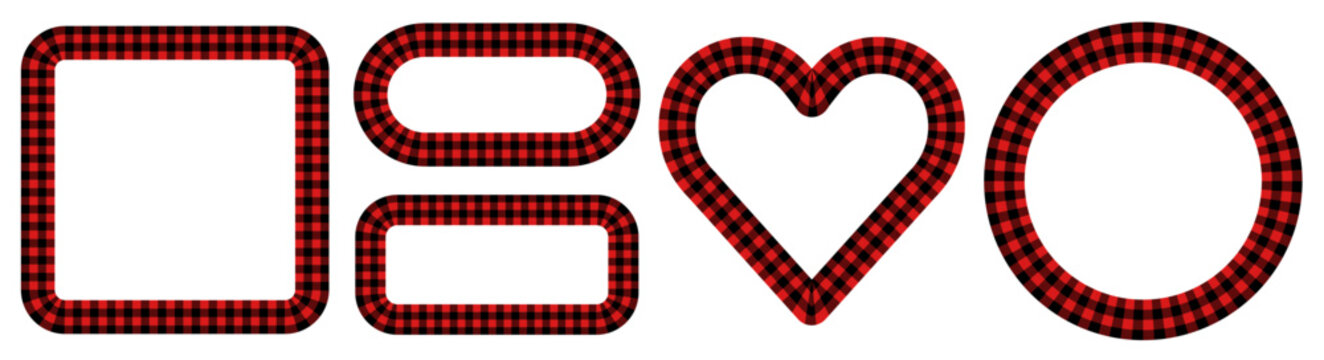 Buffalo check vector frames, simple heart, square and circle borders with winter red and black plaid pattern for holiday designs