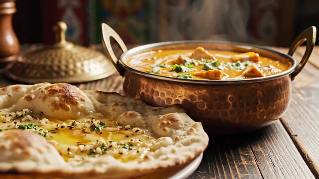 Aromatic chicken tikka masala served with garlic naan bread on a wooden table.