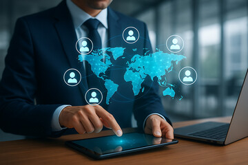 Global business and networking concept with man touching digital world map hologram showing connected people across international borders on a tablet