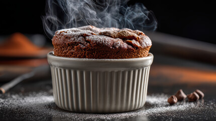chocolate souffle rising in ramekin with dusted sugar and dramatic lighting
