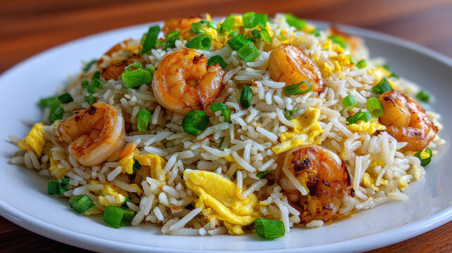 shrimp fried rice with wok hei and soy sauce in chinese takeaway style