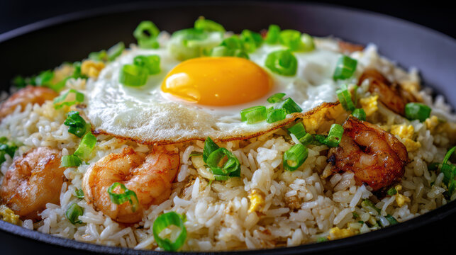 shrimp fried rice with wok hei and soy sauce in chinese takeaway style