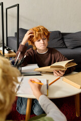 Fun learning moments for happy boys in a cozy modern apartment