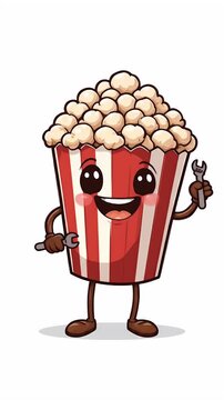 Cartoon style popcorn character holding wrench vector art illustration background