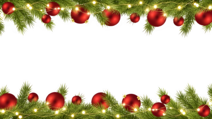 Christmas Decorations with Red Ornaments and Lights on Pine Branches