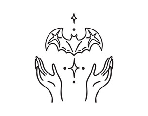 Two hands holding bat, mystic symbol, esoteric vibe, hand drawn, line art outline, hand drawn