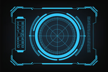 Futuristic Radar HUD Interface – Neon Blue Sci-Fi Target Scanner, Digital Tracking Display, Circular UI Dashboard, and Cyber Technology Overlay on Dark Background