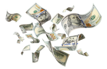 Flying hundred dollar bills, isolated on transparent cutout background