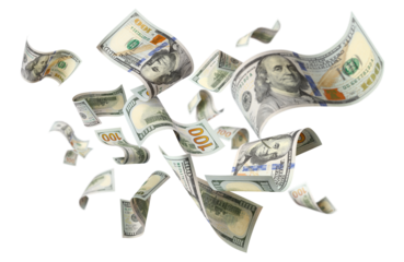 Flying hundred dollar bills, isolated on transparent cutout background