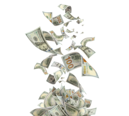 Flying hundred dollar bills, isolated on transparent cutout background